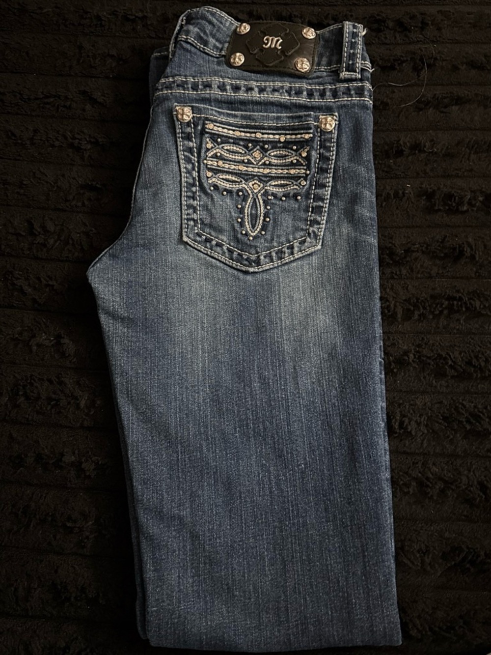 Miss Me Blue Wide Leg Jeans with Studded Embroidery